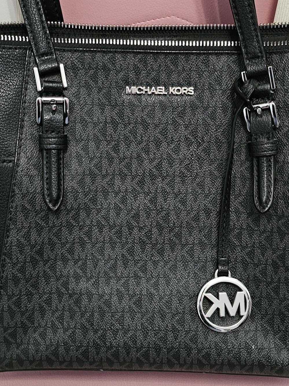 Michael Kors Black Signature Logo Tote with Silver Hardware